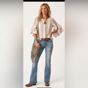 CHAPS Ralph Lauren Cotton striped peasant blouse/ruffled sleeves size Medium